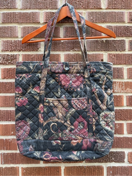 Hand Crafted Handbags - Quilted floral vintage style fabric bohemian shabby chic Black shoulder tote bag
